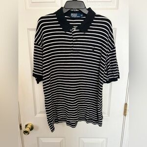 Men’s XL Polo Ralp Lauren shirt black & white stripes has small hole on back.